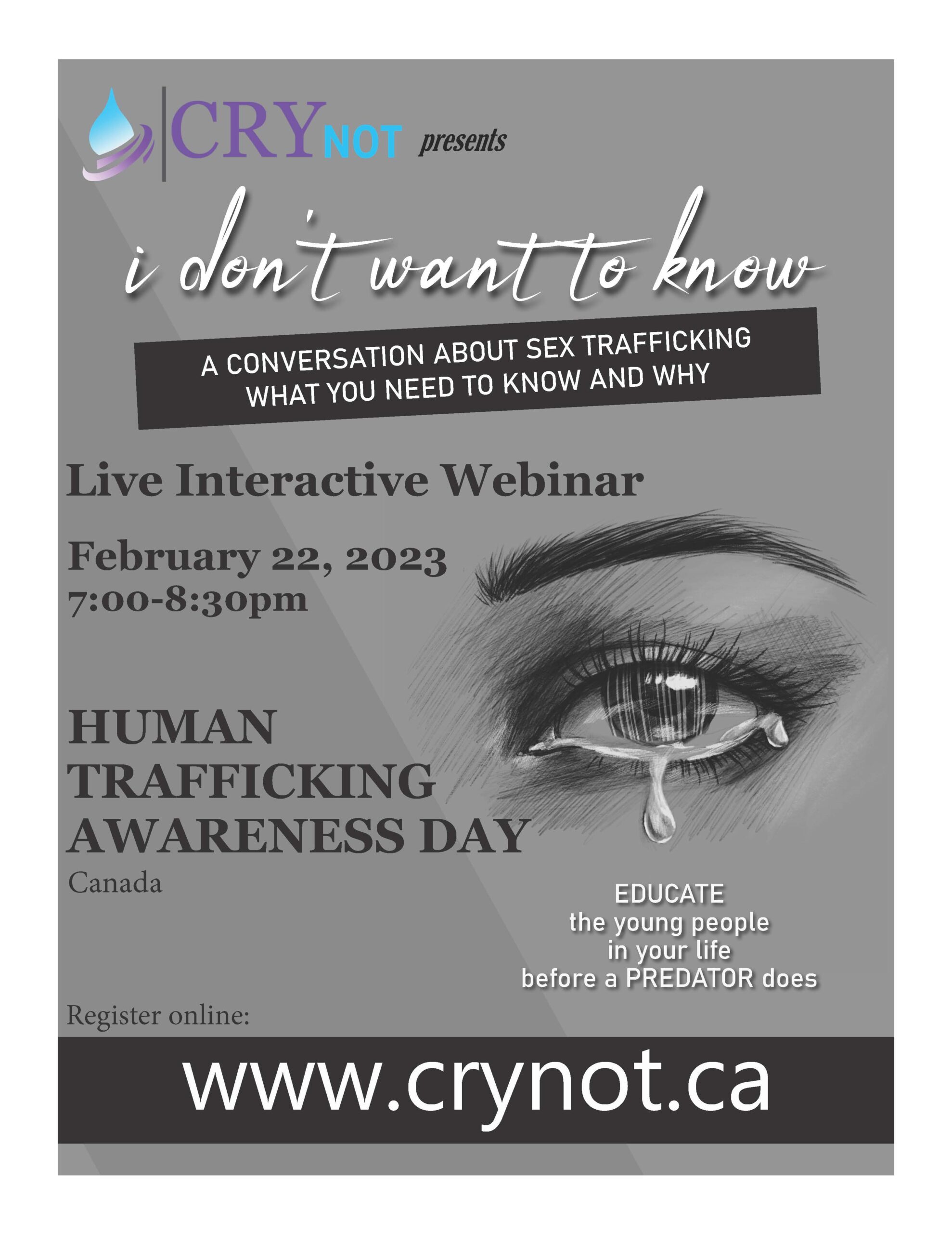 Poster for event. Human Trafficking Awareness Day Webinar.  February 22. Register at Crynot.ca